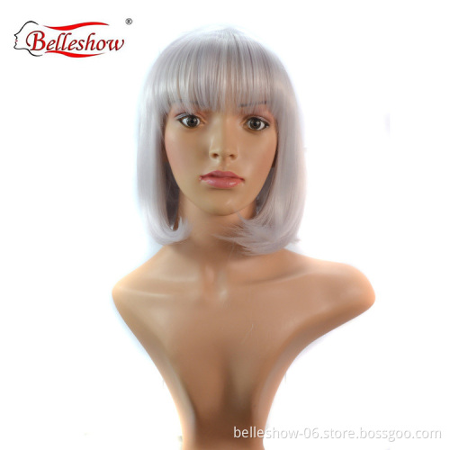 Hot sell wholesale bob wig style synthetic fiber hair bobo head student head lady silver white wig head set wigs